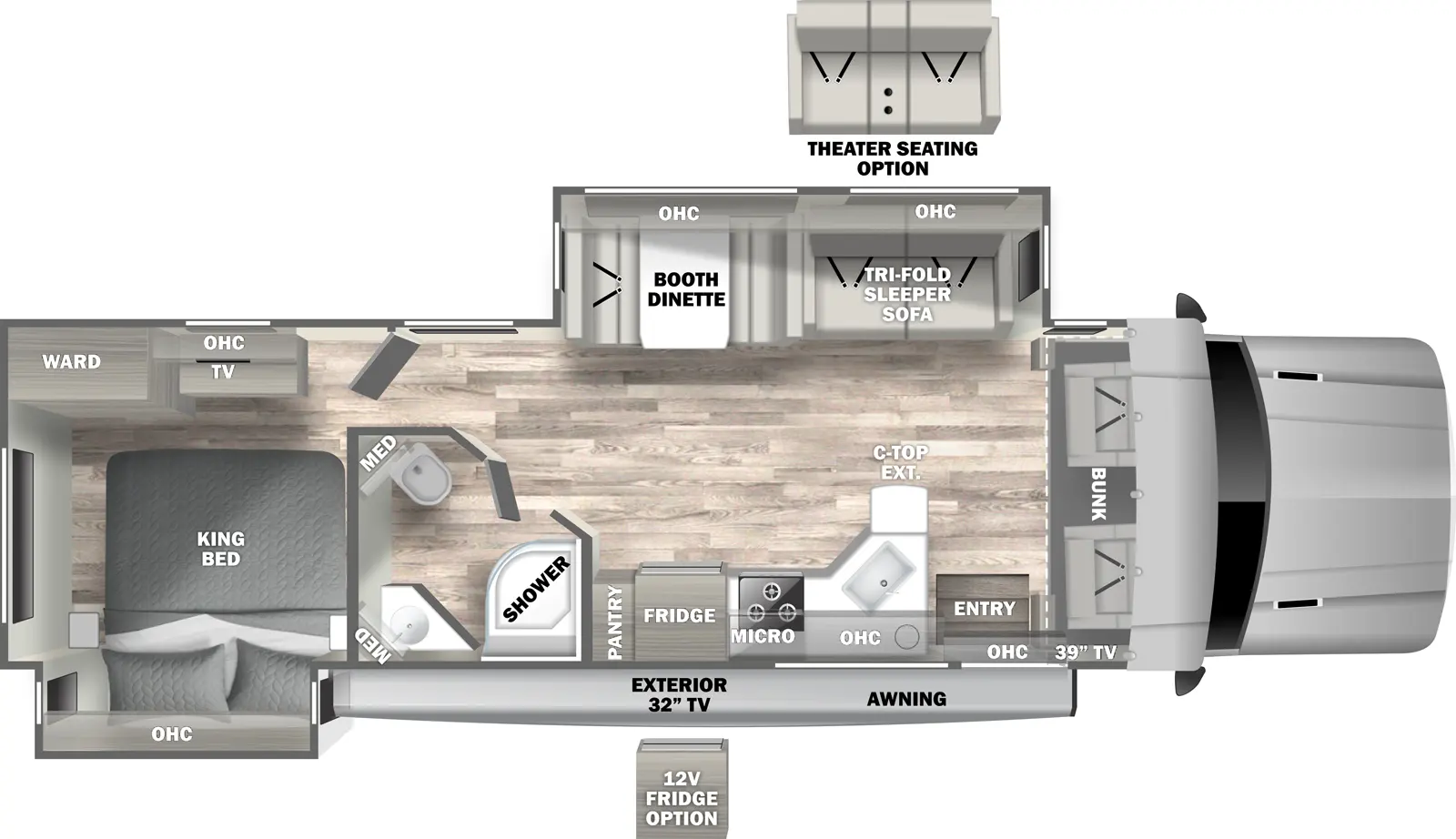 The 34DS has two slideouts and one entry. Exterior features a 16 foot awning and outside TV. Interior layout front to back: cockpit with cabover bunk and door-side tv; off-door side slide out with tri-fold sofa (optional theater seating), booth dinette and overhead cabinets; door side entry, peninsula kitchen counter with extension, sink, cooktop, microwave, refrigerator (optional 12 volt refrigerator), and pantry; door side full bath with medicine cabinets; rear bedroom with off-door side king bed slideout with overhead cabinet, and door side wardrobe, overhead cabinet, and TV.